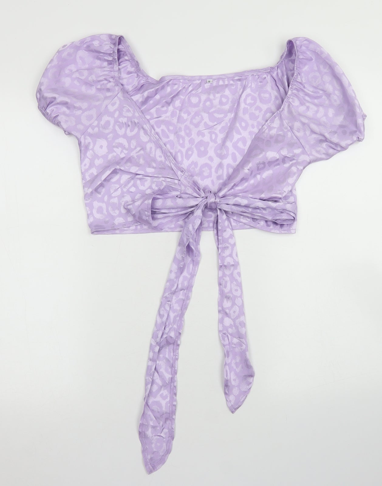 SheIn Womens Purple Animal Print Polyester Cropped Blouse Size S Scoop Neck - Puff Sleeve