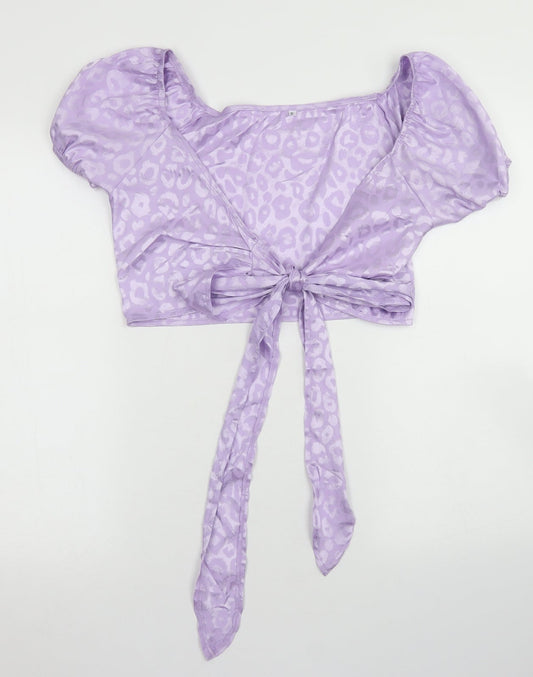 SheIn Womens Purple Animal Print Polyester Cropped Blouse Size S Scoop Neck - Puff Sleeve