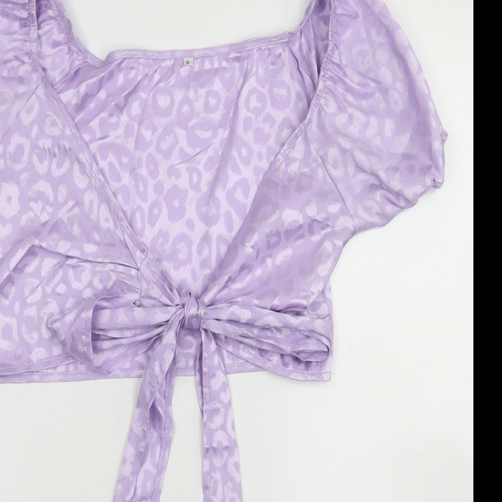 SheIn Womens Purple Animal Print Polyester Cropped Blouse Size S Scoop Neck - Puff Sleeve