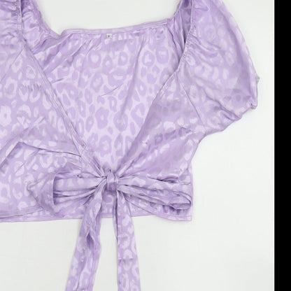 SheIn Womens Purple Animal Print Polyester Cropped Blouse Size S Scoop Neck - Puff Sleeve