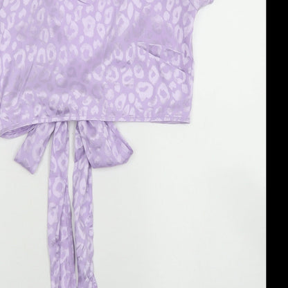 SheIn Womens Purple Animal Print Polyester Cropped Blouse Size S Scoop Neck - Puff Sleeve