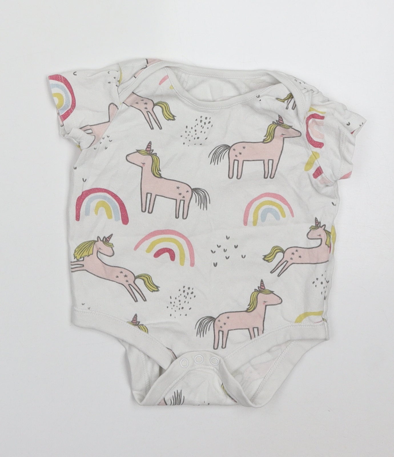 F&F Girls Multicoloured  Cotton Babygrow One-Piece Size 9-12 Months  Button - Unicorns & Rainbows