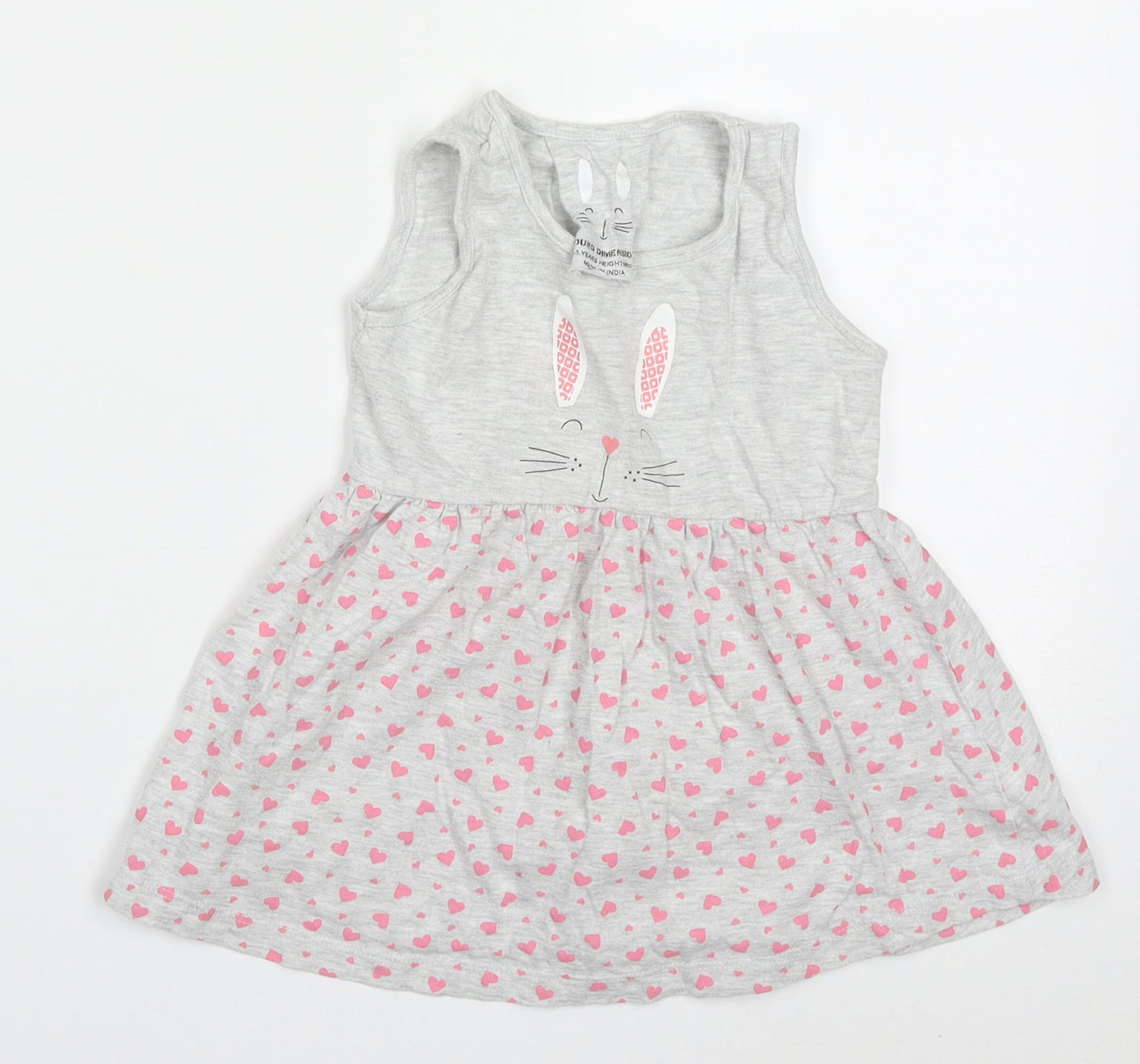 Young Dimension Girls Grey Geometric Cotton Skater Dress  Size 2-3 Years  Round Neck Pullover - Rabbit Hearts