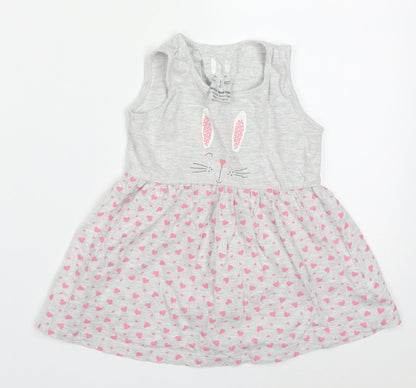 Young Dimension Girls Grey Geometric Cotton Skater Dress  Size 2-3 Years  Round Neck Pullover - Rabbit Hearts