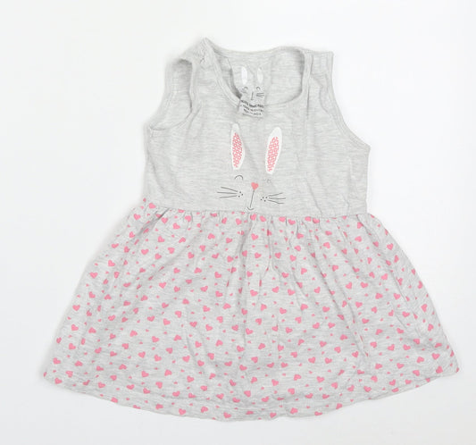 Young Dimension Girls Grey Geometric Cotton Skater Dress  Size 2-3 Years  Round Neck Pullover - Rabbit Hearts
