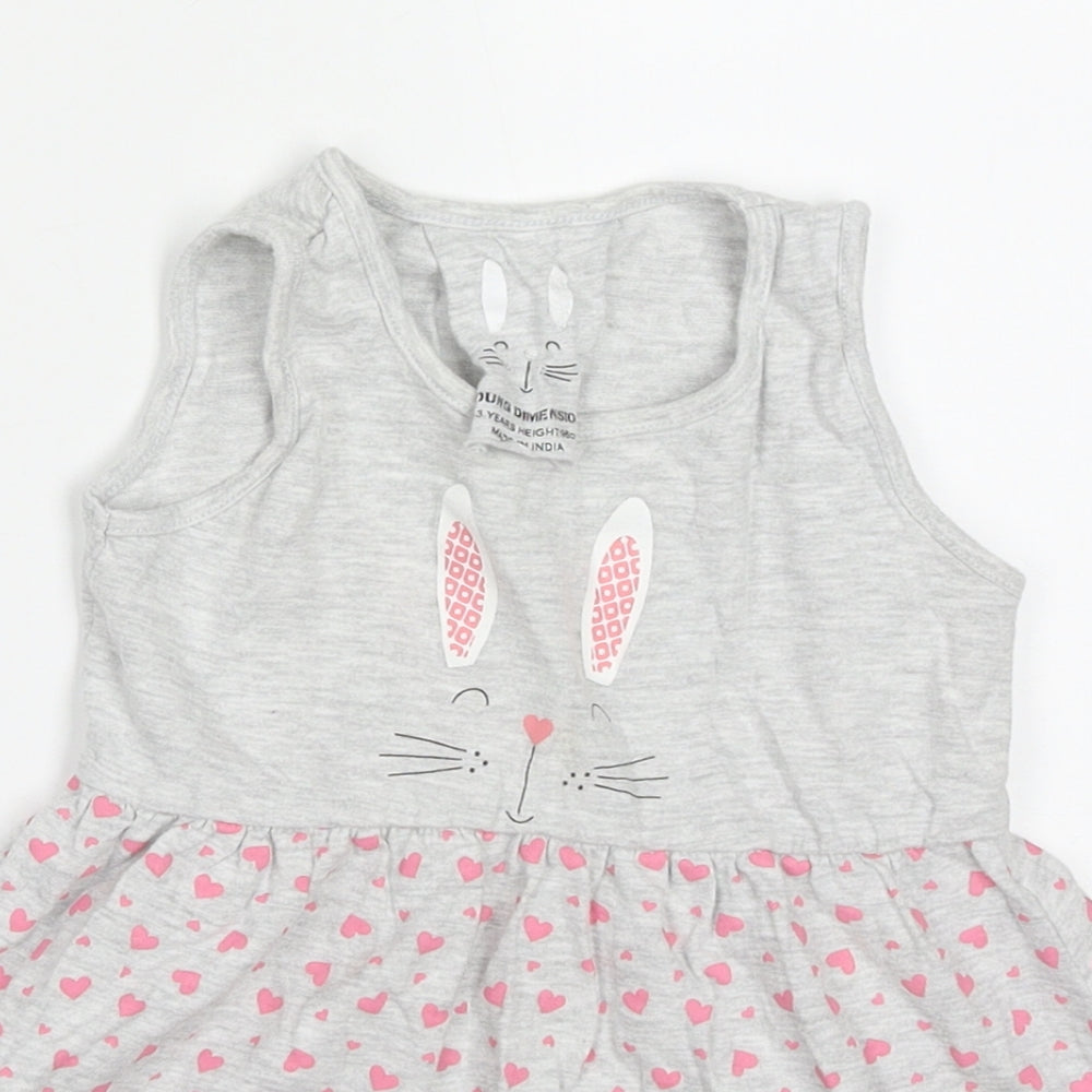 Young Dimension Girls Grey Geometric Cotton Skater Dress  Size 2-3 Years  Round Neck Pullover - Rabbit Hearts
