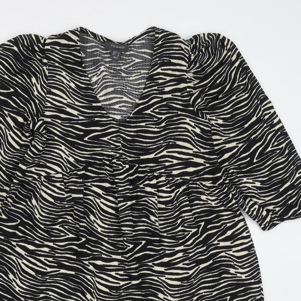 Primark Womens Black Animal Print Polyester Trapeze & Swing  Size 6  V-Neck Pullover