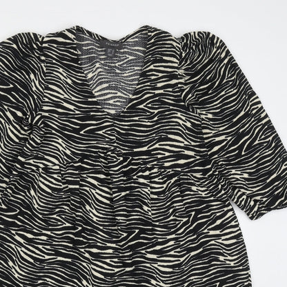 Primark Womens Black Animal Print Polyester Trapeze & Swing  Size 6  V-Neck Pullover