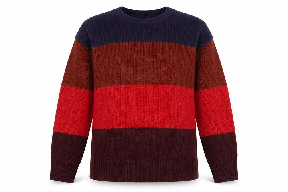 Front view of New Look women’s multicoloured round neck striped acrylic jumper, size S, - colour block