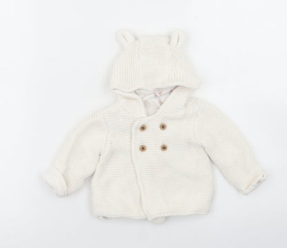 M&S Girls White  Cotton Cardigan Jumper Size 0-3 Months  Button - Bear hood