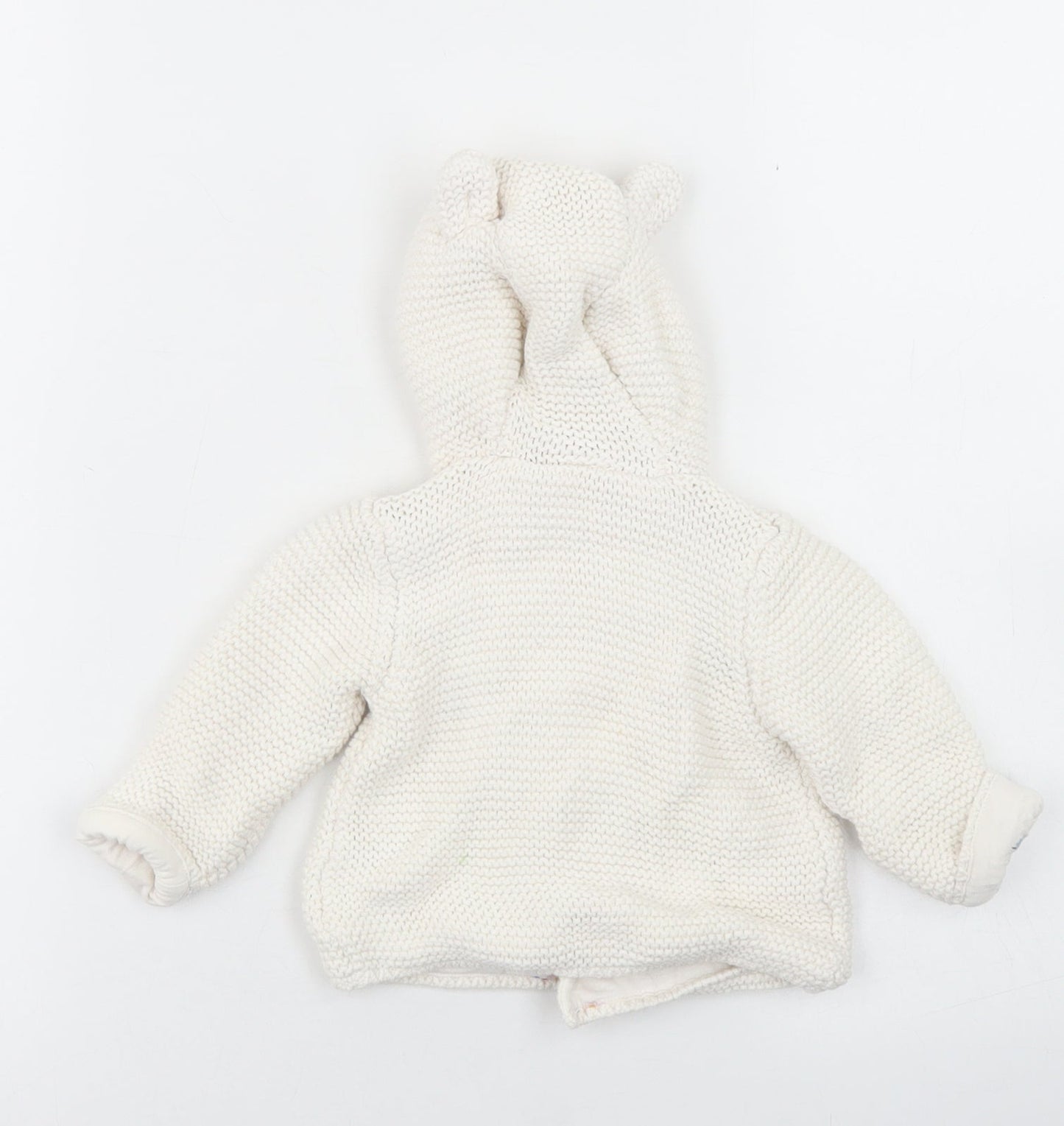 M&S Girls White  Cotton Cardigan Jumper Size 0-3 Months  Button - Bear hood