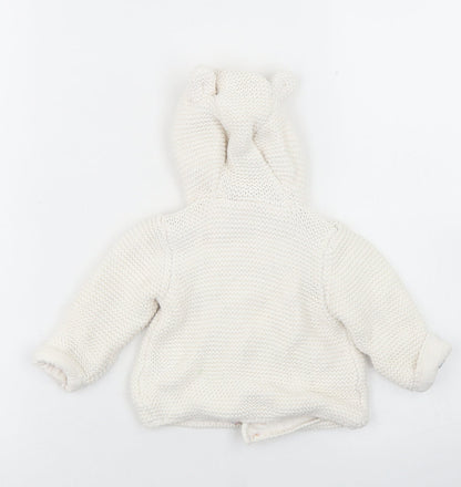 M&S Girls White  Cotton Cardigan Jumper Size 0-3 Months  Button - Bear hood