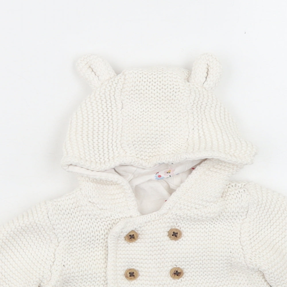 M&S Girls White  Cotton Cardigan Jumper Size 0-3 Months  Button - Bear hood