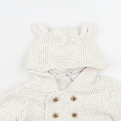 M&S Girls White  Cotton Cardigan Jumper Size 0-3 Months  Button - Bear hood