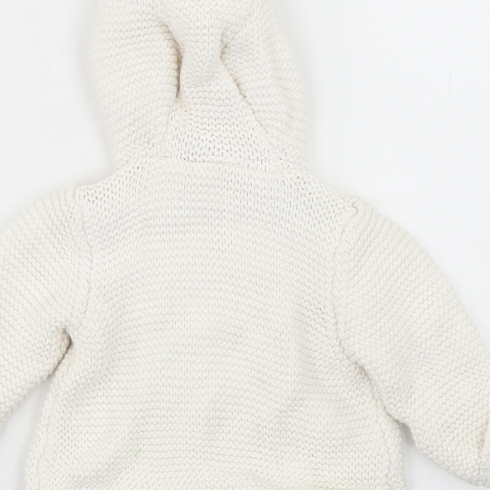 M&S Girls White  Cotton Cardigan Jumper Size 0-3 Months  Button - Bear hood