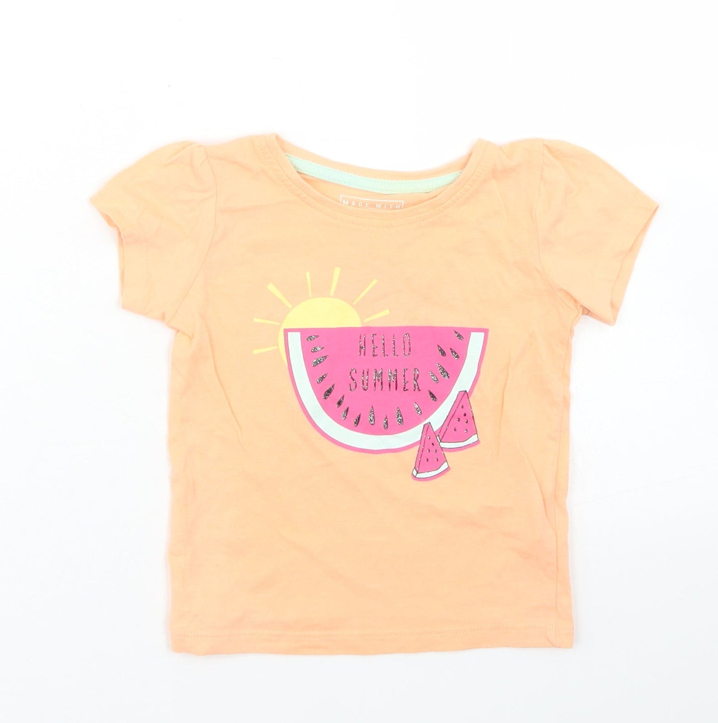 Primark Girls Orange  Cotton Basic T-Shirt Size 12-18 Months Crew Neck