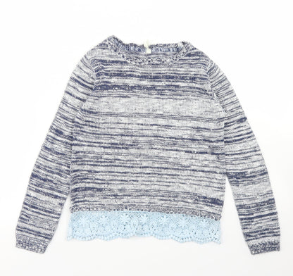 YD Girls Blue Crew Neck Striped Acrylic Pullover Jumper Size 8-9 Years  Snap - Lace Trim