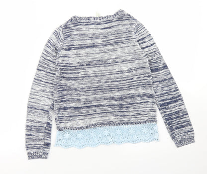 YD Girls Blue Crew Neck Striped Acrylic Pullover Jumper Size 8-9 Years  Snap - Lace Trim