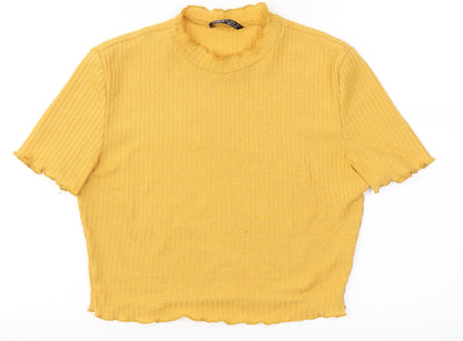SheIn Womens Yellow  Polyester Cropped T-Shirt Size L Round Neck