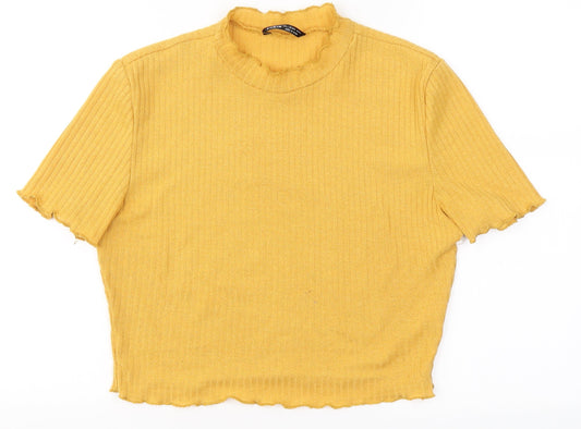 SheIn Womens Yellow  Polyester Cropped T-Shirt Size L Round Neck