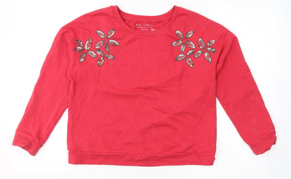 NEXT Girls Red Round Neck  Cotton Pullover Jumper Size 11 Years   - Flowers