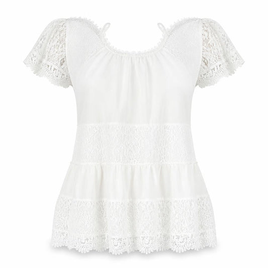 Front view of QED London women’s white cotton basic blouse, size S, round neck - open shoulder