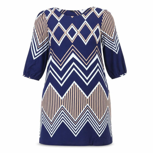Front view of Izabel London women’s blue striped polyester shift, size UK 12, round neck pullover