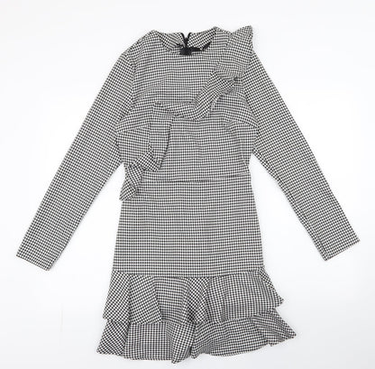 Very Womens White Houndstooth Polyester Fit & Flare  Size 8  Round Neck Zip - Ruffle Detail