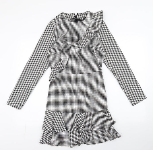 Very Womens White Houndstooth Polyester Fit & Flare  Size 8  Round Neck Zip - Ruffle Detail