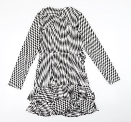 Very Womens White Houndstooth Polyester Fit & Flare  Size 8  Round Neck Zip - Ruffle Detail
