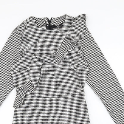 Very Womens White Houndstooth Polyester Fit & Flare  Size 8  Round Neck Zip - Ruffle Detail