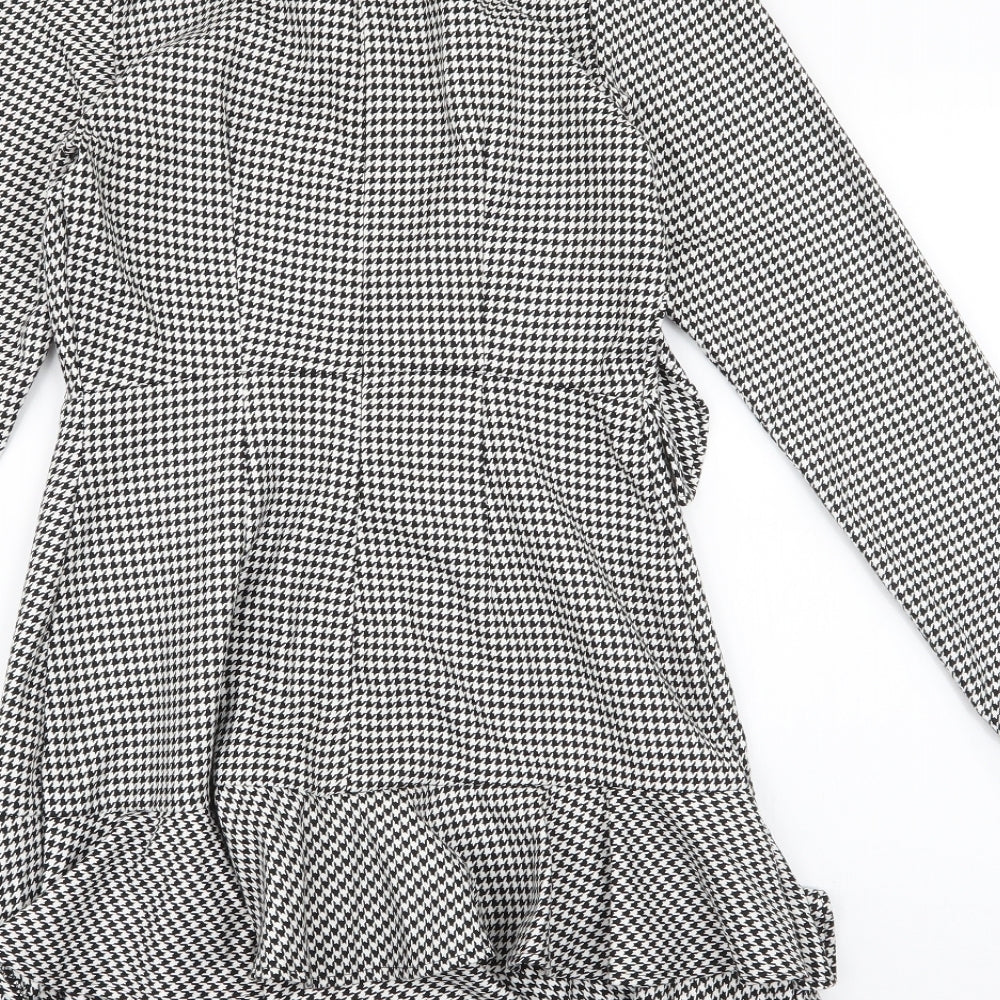 Very Womens White Houndstooth Polyester Fit & Flare  Size 8  Round Neck Zip - Ruffle Detail