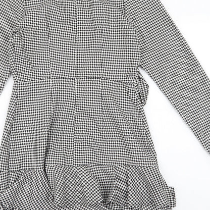 Very Womens White Houndstooth Polyester Fit & Flare  Size 8  Round Neck Zip - Ruffle Detail