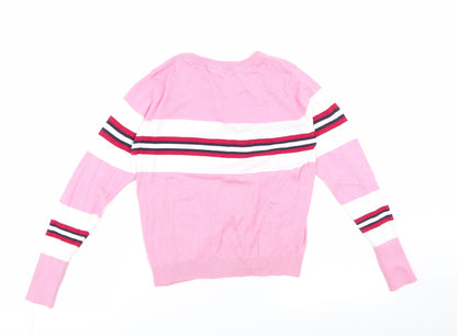 Scullers Womens Pink Round Neck Striped 100% Cotton Pullover Jumper Size S