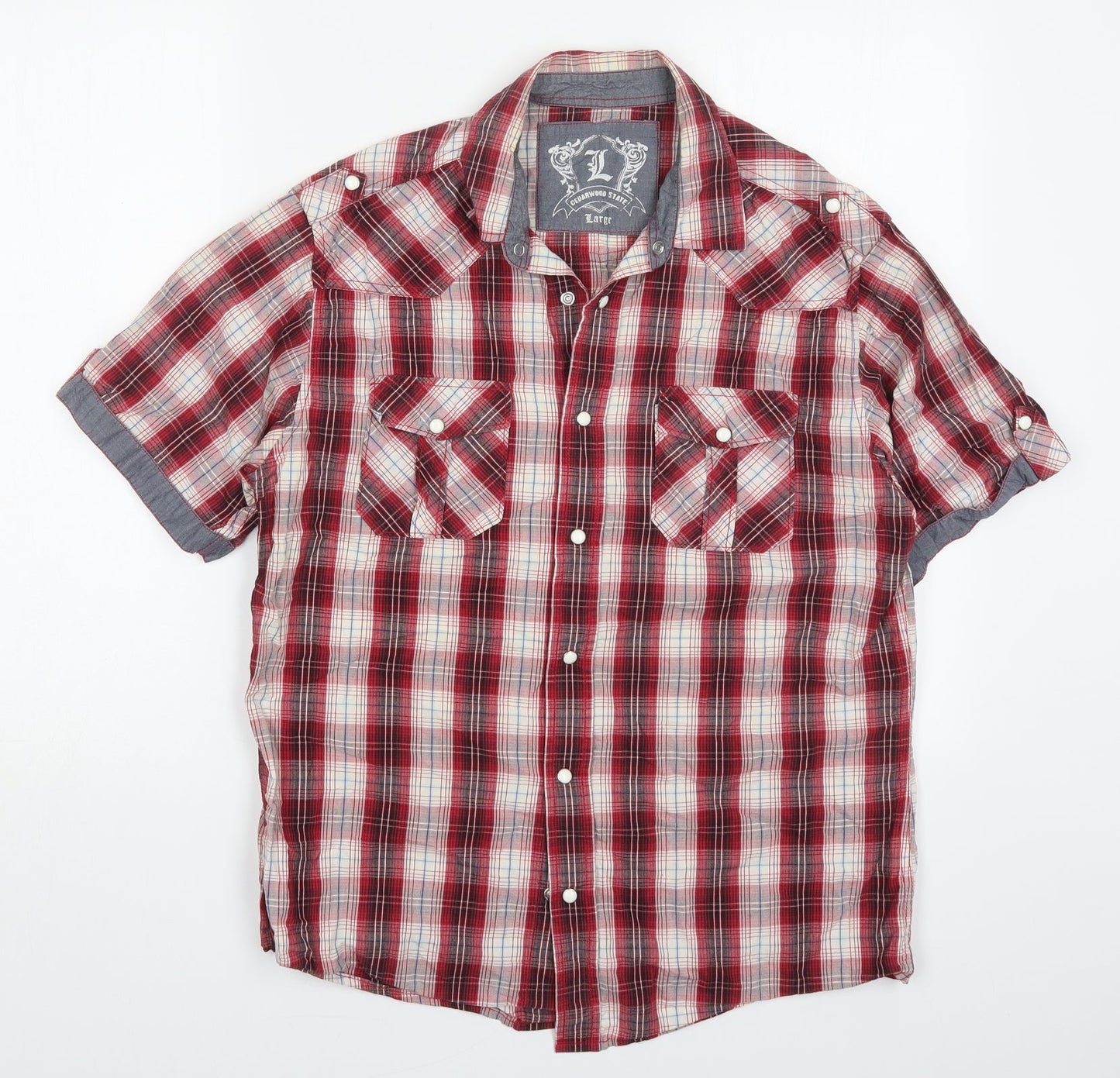 Mens UK Size L Cedar Wood State Red  Button-Up Short Sleeve Casual Shirt