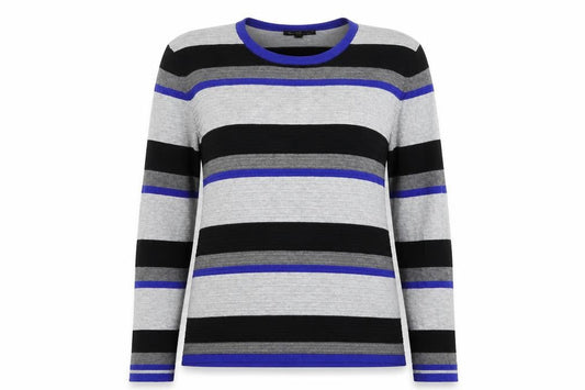 Front view of Mud Flowers women’s grey crew neck striped viscose jumper, size L