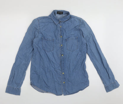 Topshop Womens Blue  Cotton Basic Button-Up Size 8 Collared