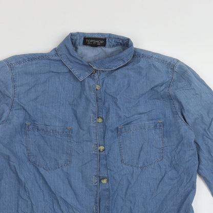 Topshop Womens Blue  Cotton Basic Button-Up Size 8 Collared