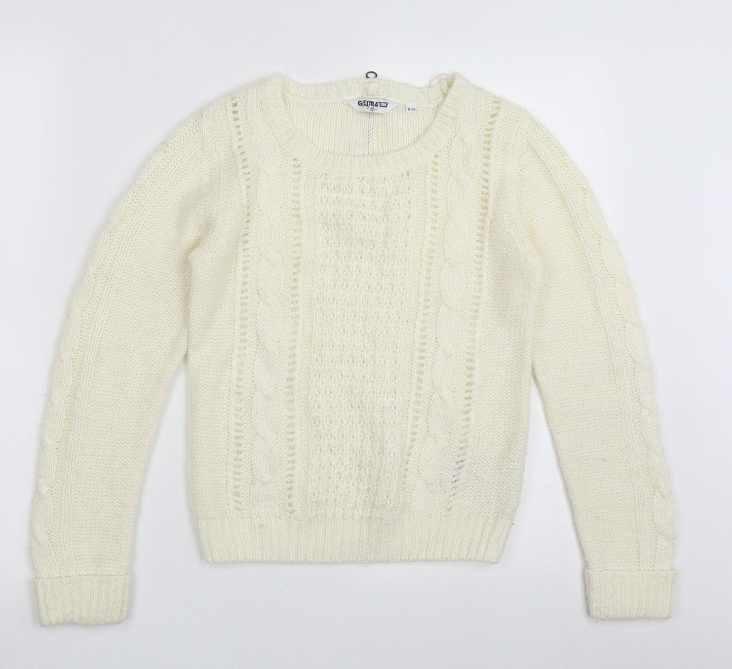 Generation New Look Girls White Crew Neck Geometric Acrylic Pullover Jumper Size 12-13 Years  Zip