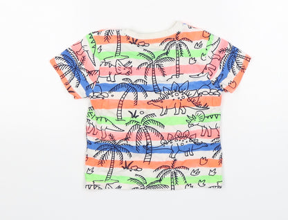 F&F Boys Multicoloured Striped Cotton Basic T-Shirt Size 12-18 Months Round Neck  - Dinosaurs