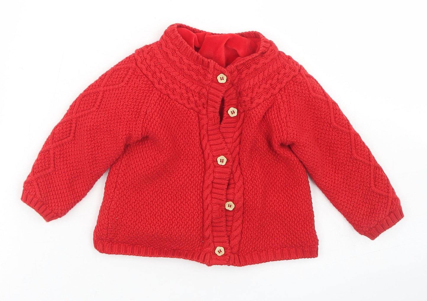TU Girls Red  Cotton Cardigan Jumper Size 6-9 Months  Button - Fleece Lining