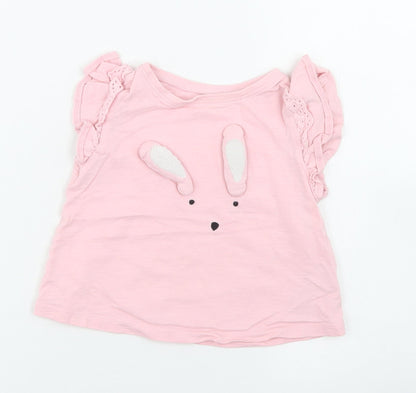 NEXT Girls Pink  Cotton Basic T-Shirt Size 9-12 Months Crew Neck  - rabbit