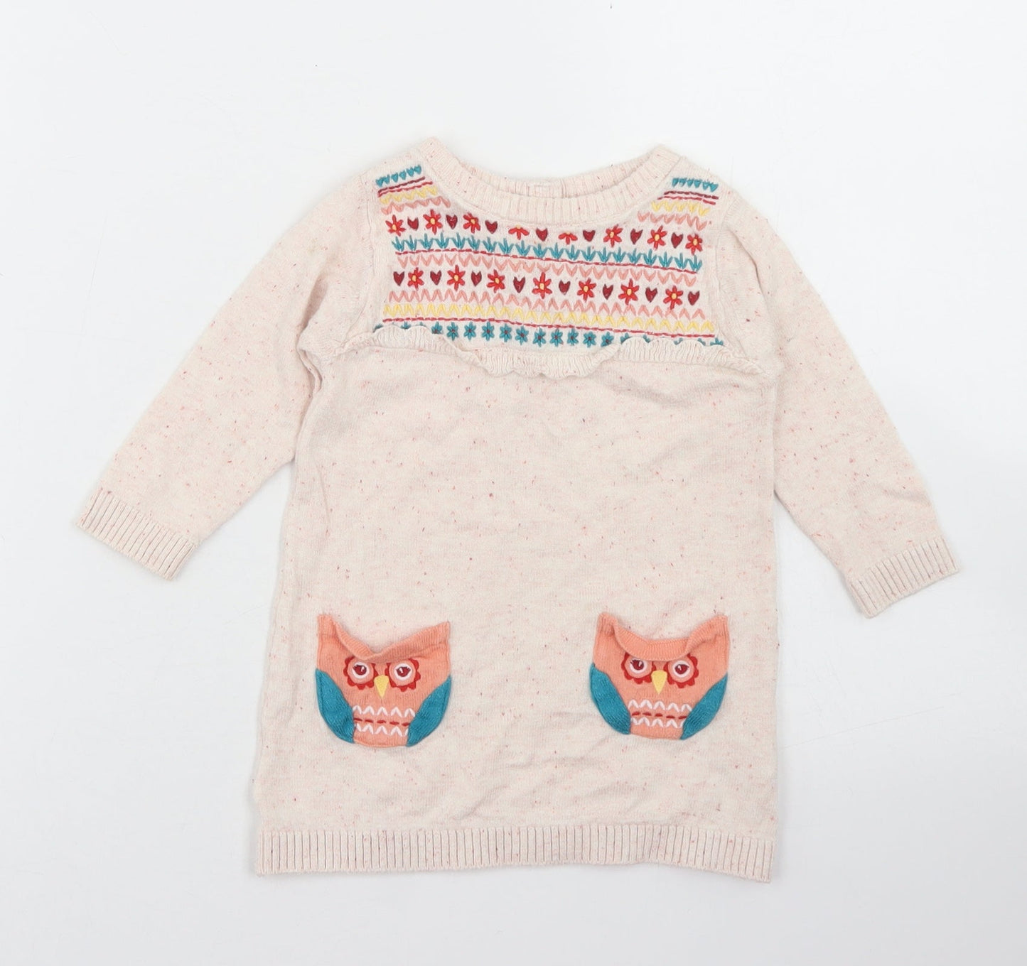 M&Co Girls Beige Fair Isle Cotton Jumper Dress  Size 3-6 Months  Crew Neck Button