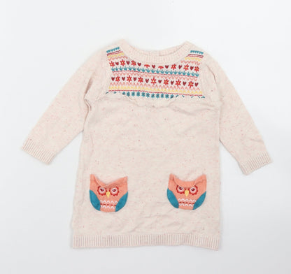 M&Co Girls Beige Fair Isle Cotton Jumper Dress  Size 3-6 Months  Crew Neck Button