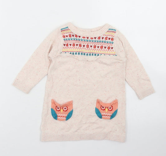 M&Co Girls Beige Fair Isle Cotton Jumper Dress  Size 3-6 Months  Crew Neck Button