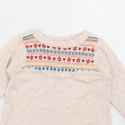 M&Co Girls Beige Fair Isle Cotton Jumper Dress  Size 3-6 Months  Crew Neck Button
