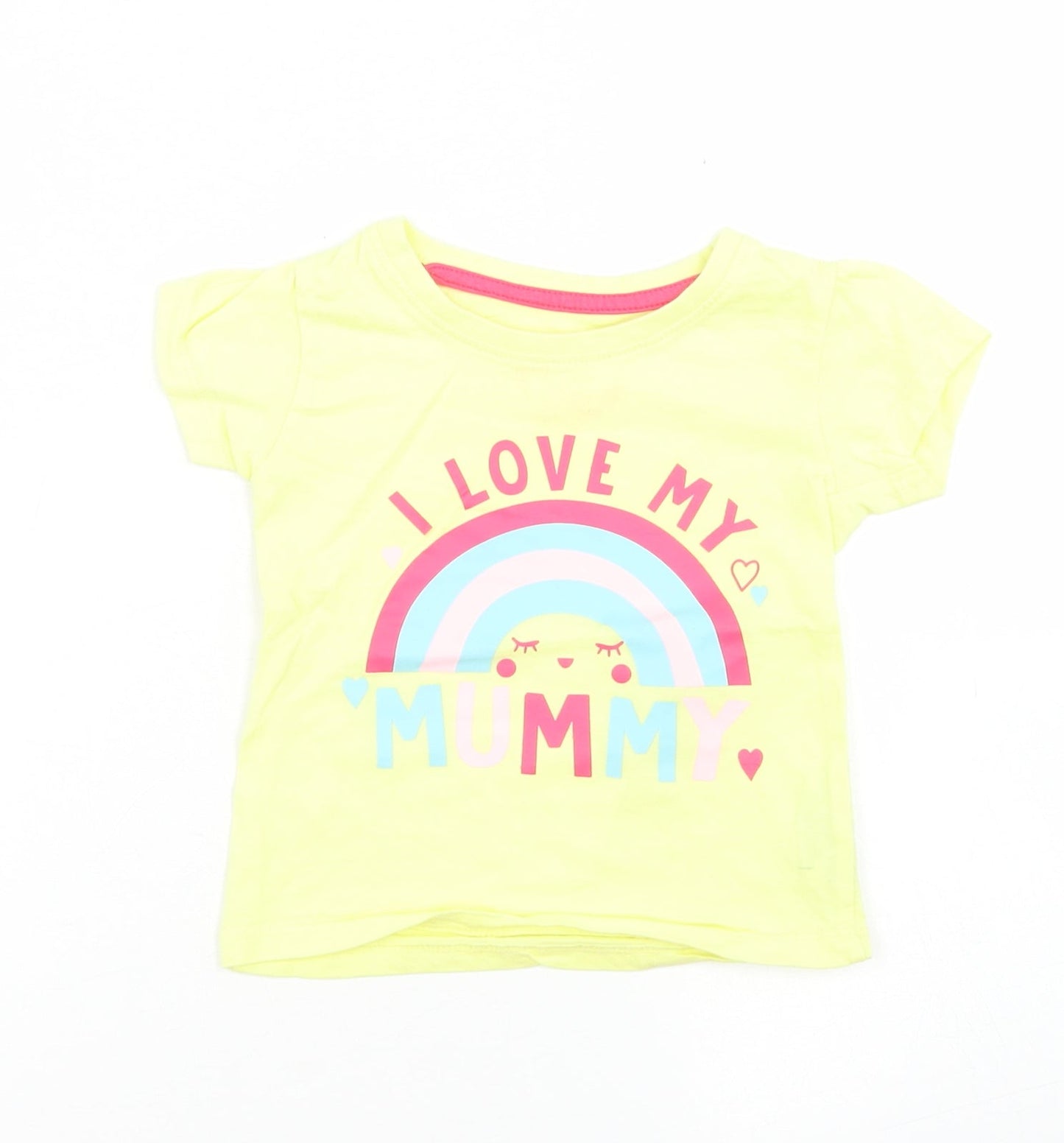 Primark Girls Yellow  Cotton Basic T-Shirt Size 9-12 Months Crew Neck  - Rainbow