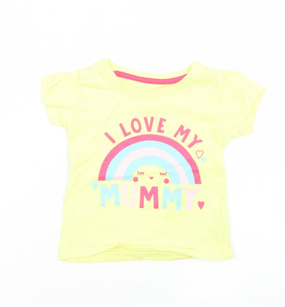 Primark Girls Yellow  Cotton Basic T-Shirt Size 9-12 Months Crew Neck  - Rainbow