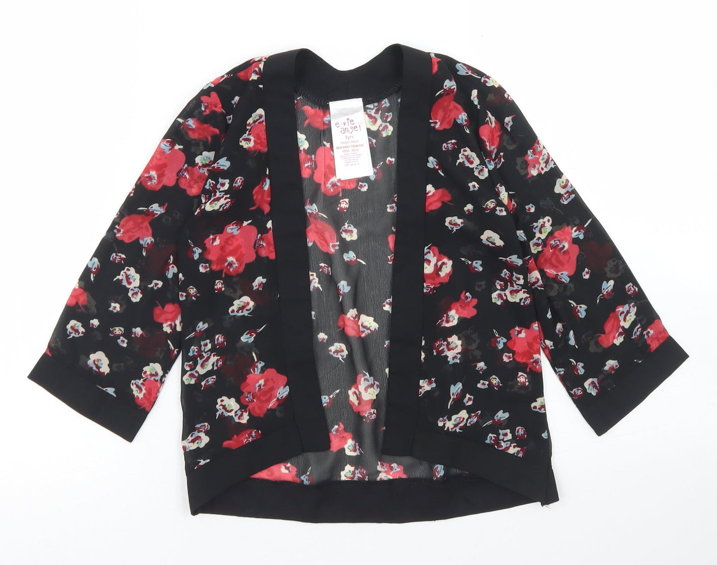 E-vie Angel Girls Black Floral Polyester Kimono Blouse Size 3 Years Round Neck