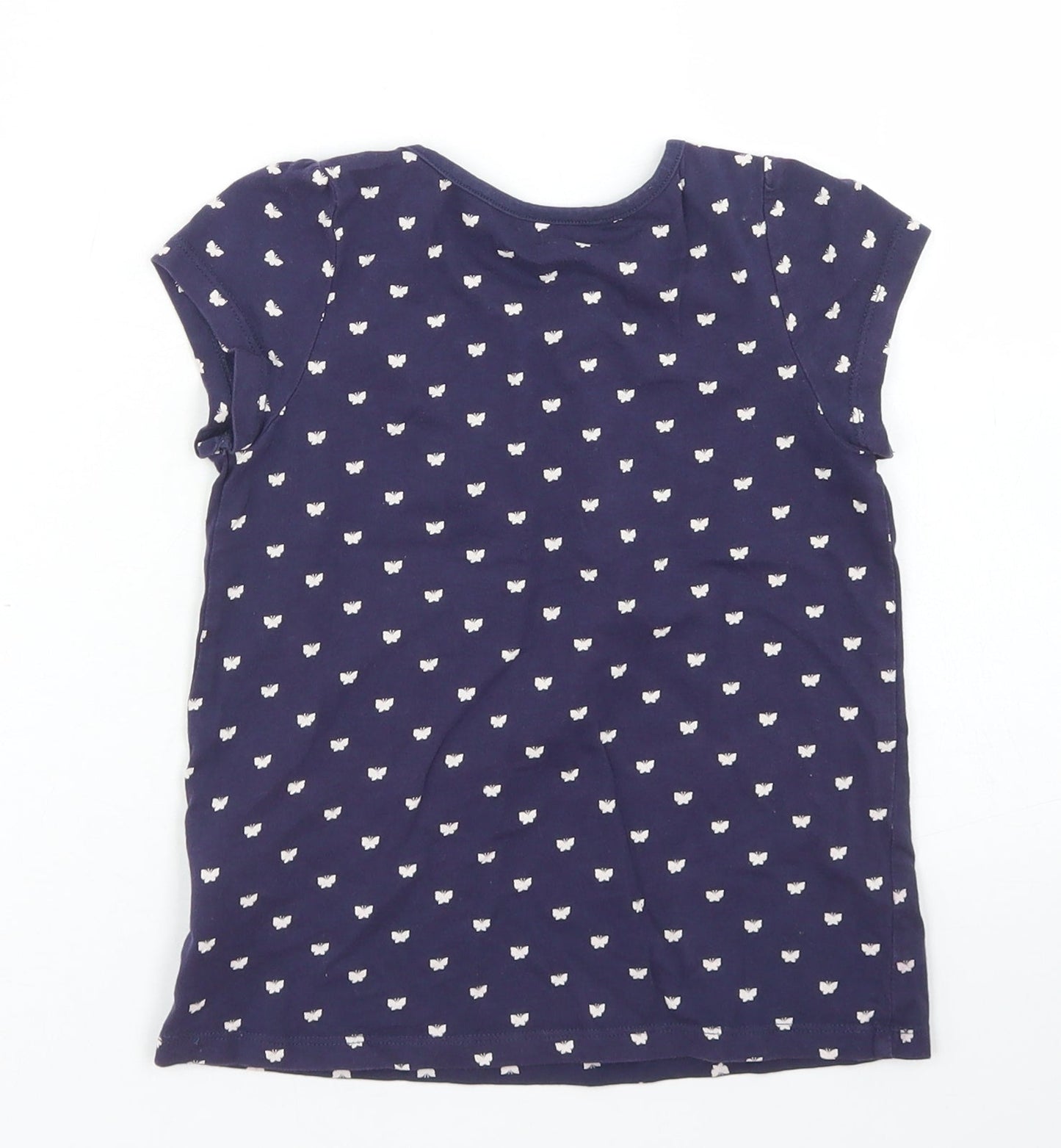 H&M Girls Blue Polka Dot Cotton Basic T-Shirt Size 4-5 Years Crew Neck  - Butterfly Print